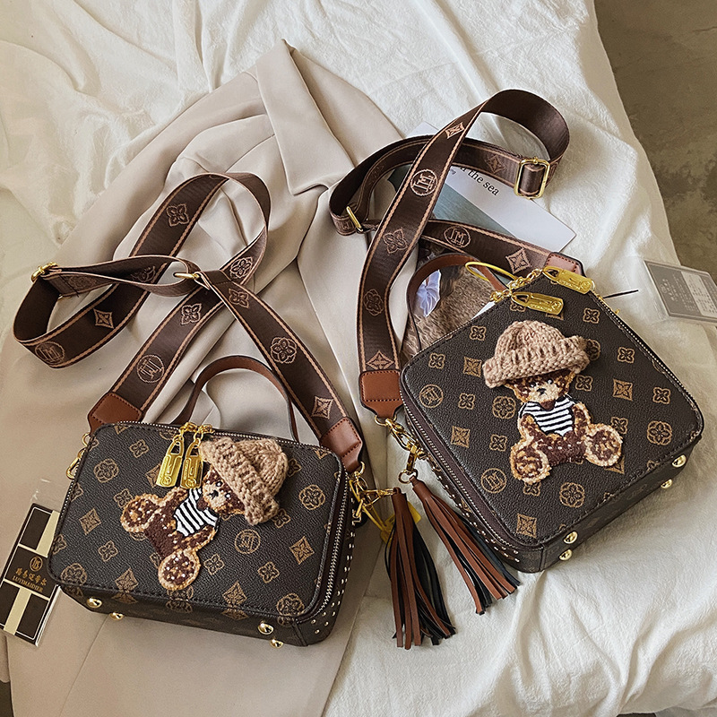 

Wholesale factory ladies leather shoulder bag Hong Kong wind classic printed handbags street personalized rivet handbag sweet cute cartoon bear women backpack, Coffee1-1820