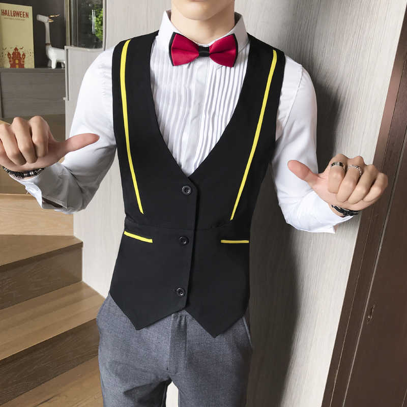

Fashion Dress Vests For Men Casual Slim Fit Suit Vest Waiter Nightclub Work Waistcoat Suits Men Gilet Chalecos Para Hombre 210527, Black