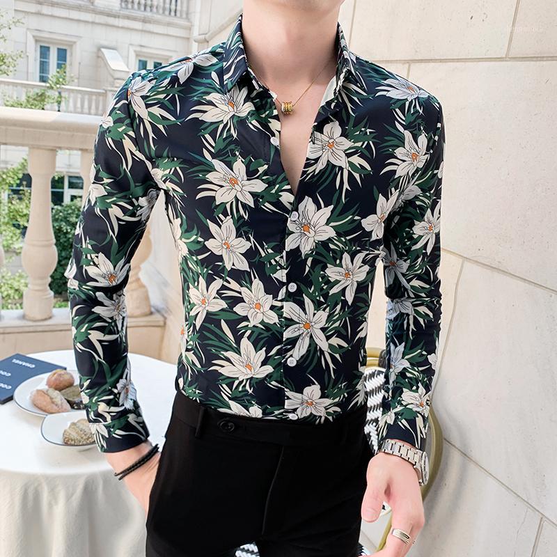 

Arrival Floral Shirt Men Slim Fit Long Sleeve Casual Male Shirts Print Night Club Prom Tuxedo Blouse Homme Men's Dress, Floral shirt white