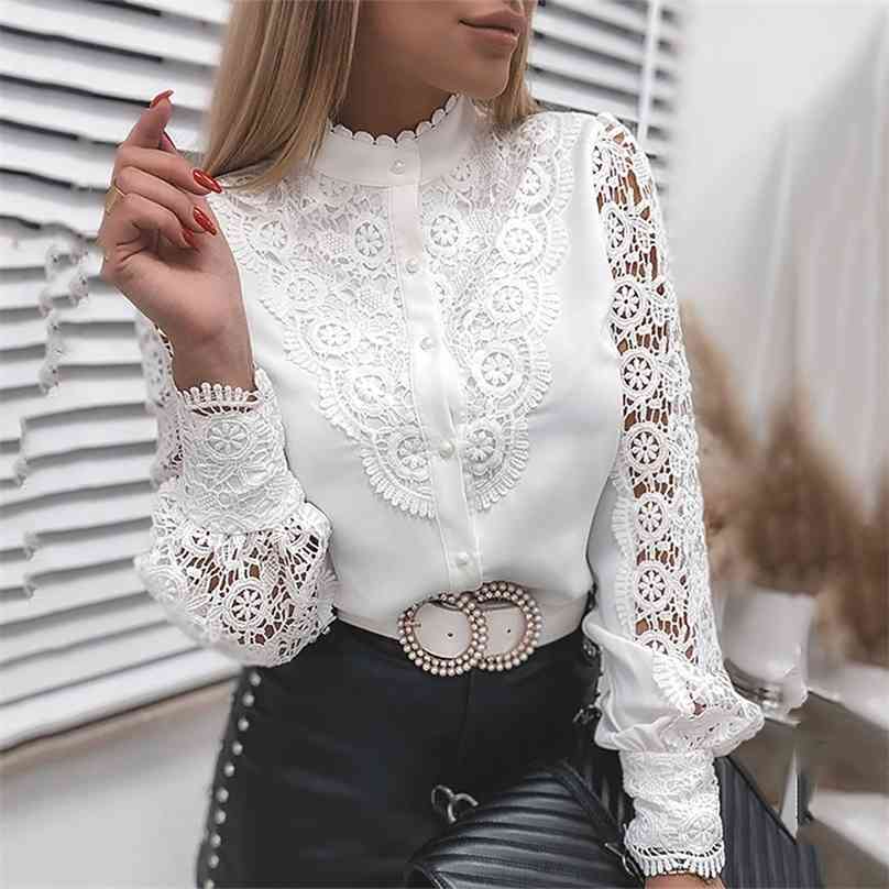 

White Elegant Lace Hollow Out Women Blouse Spring Long Sleeve Shirts Y2K Buttons Mesh Top Autumn Vintage Ladies Clothes 210719, Style1