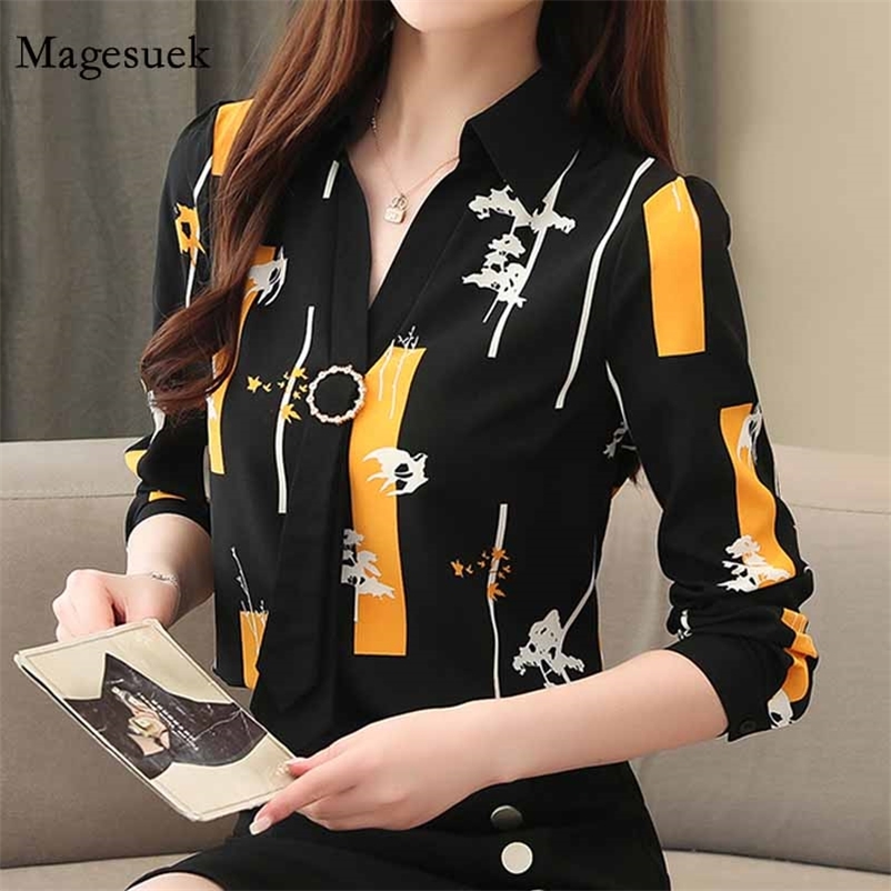 

Korean Office Lady Early Autumn All-match Fashion Printed Bottoming Shirt Women's Long Sleeve Chiffon Blosue 10672 210518, Black