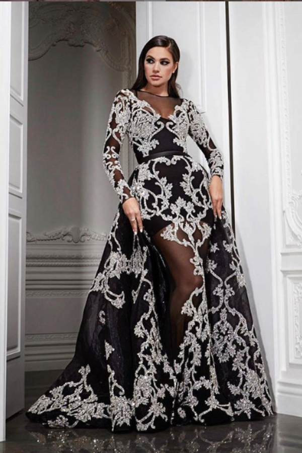 2020 Elegant Evening Dresses Rami Salamoun Appliqued High Neck Diamond Split Mermaid Sequins Long Prom Dress Real Images Cheap Formal Gowns-image-728215515