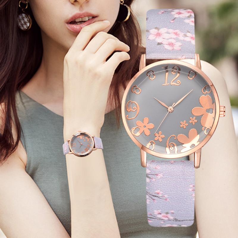 

Wristwatches Drop Girl Luxury Watch Women Fashion Embossed Flowers Small Fresh Printed Belt Dial Student Montre Femme, Brown