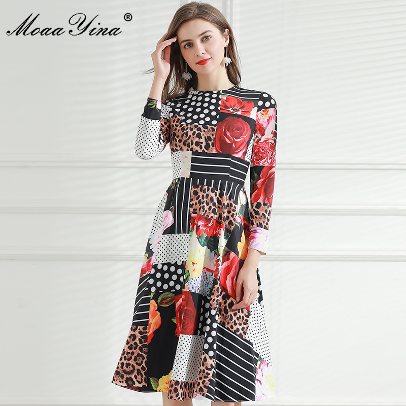 

Fashion Designer dress Spring Autumn Women's Dress Long sleeve Dots Floral-Print Elegant Vintage Dresses 210524, Multi