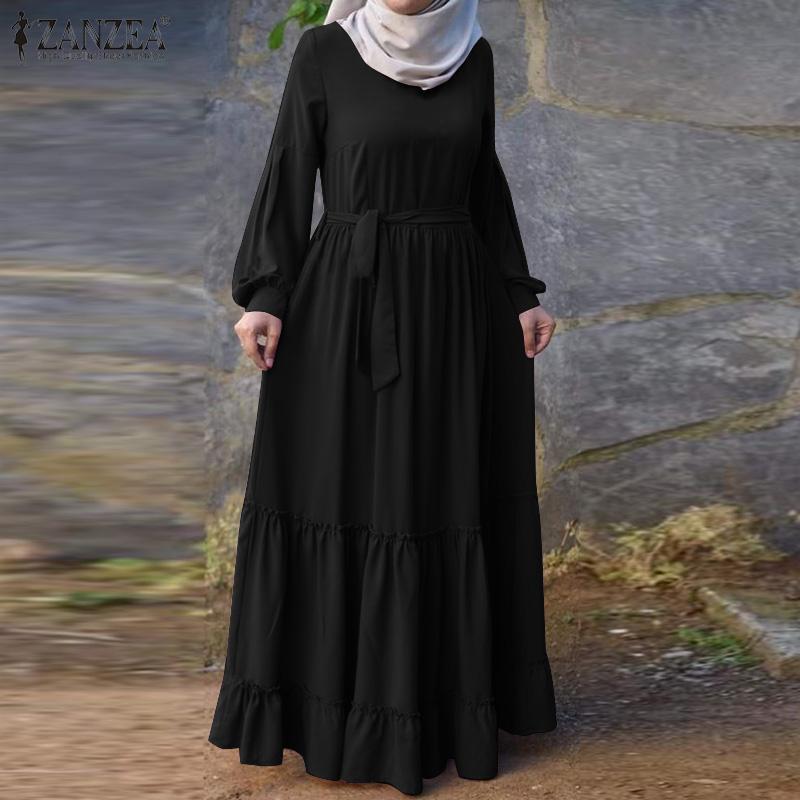 

Ethnic Clothing Muslim Fashion Vintage Solid Dresses Abaya Turkey Hijab Dress Spring Long Sleeve Kaftan Vestido Lace Up Ruffles Sundr