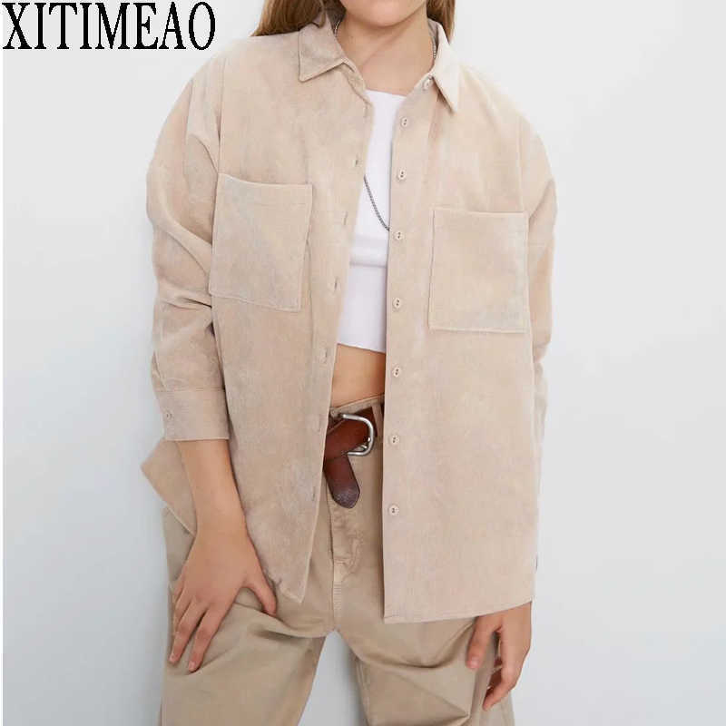 

ZA Women Corduroy Shirt Fashion Office Ladies Loose Coats Female Autumn Vintage Solid Color Coat Girls Chic 210602, Army green