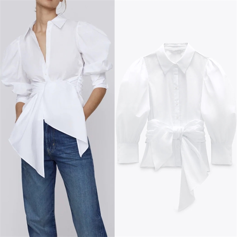 

Bow White Blouse Women Puffy Sleeve Top Woman Back Pleated Tied Collared Button Up Shirt Ladies Elegant Blouses 210519