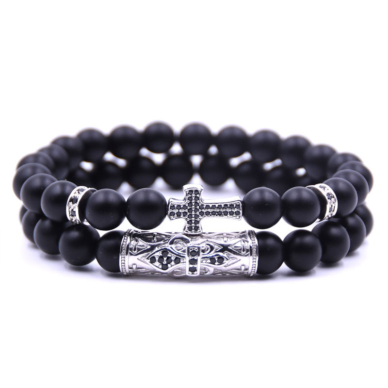 

8MM Nature Stone 18K Gold Silver Plated Plated Micro Inlay Cross Charm Bracelet