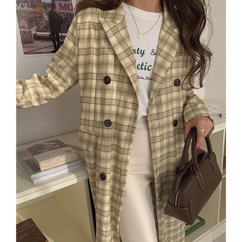 

Women's Trench Coats ZCSMLL Autumn And Winter Temperament Suit Collar Double-breasted Loose Casual Over-the-knee Long Plaid Windbreaker Jack, Tan;black