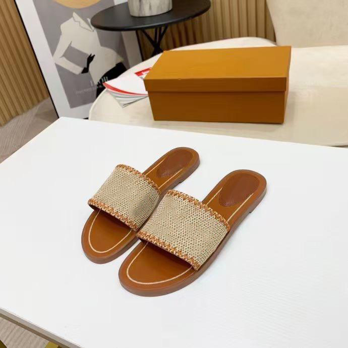 

women slippers top quality outdoor banquet Slide shoes pp straw summer leather sandals multicolor flat heel Mule letter Size 35-42, Black