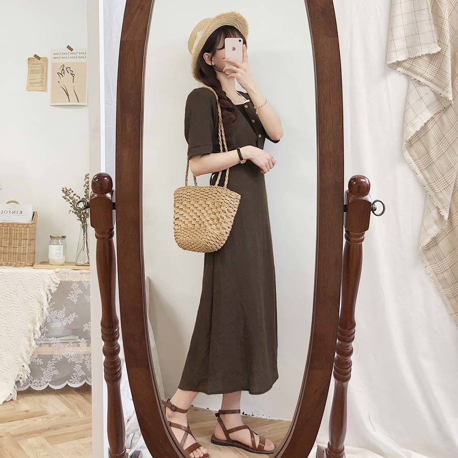 Plus size Summer Girls Boho Party Cotton Linen Female Vintage Dress Brown Short Sleeve Women Dresses Long Robe Vestido 210417Z