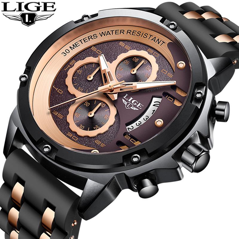 

Wristwatches 2021 Watch Men Warterproof Sport Silicone LIGE Mens Watches Top Clock Male Business Quartz Relogio Masculino, Rose gold brown