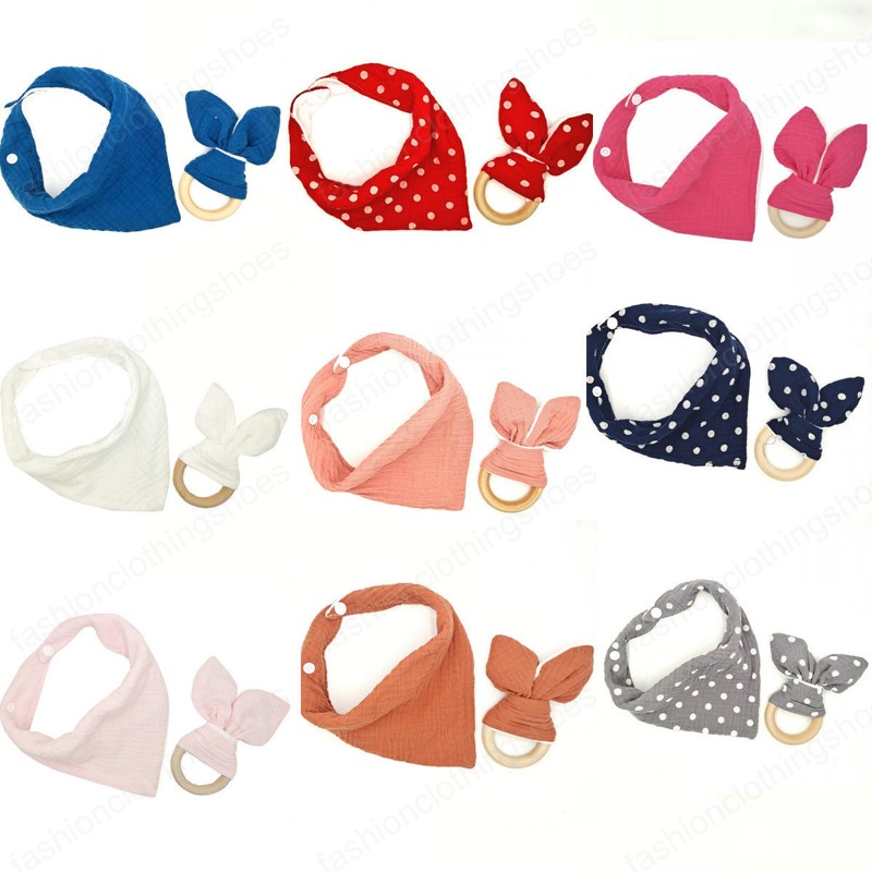 

Baby Bibs Feeding Burp Cloths Boys Girls Accessories Natural Wooden Pacifiers Newborn Ring 2Pcs Set Towel Cotton Dots Kids Toys