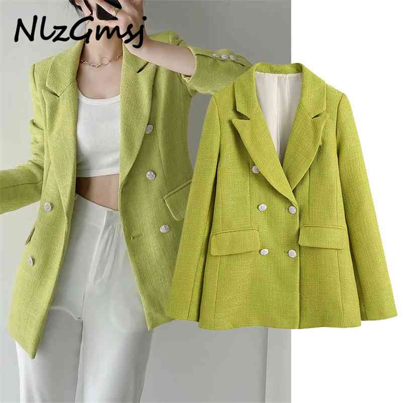 

Women's Spring Jacket Blue Tweed Double Breasted Blazer Woman Casual Textured Cropped Female Suit 05 210628, As picture