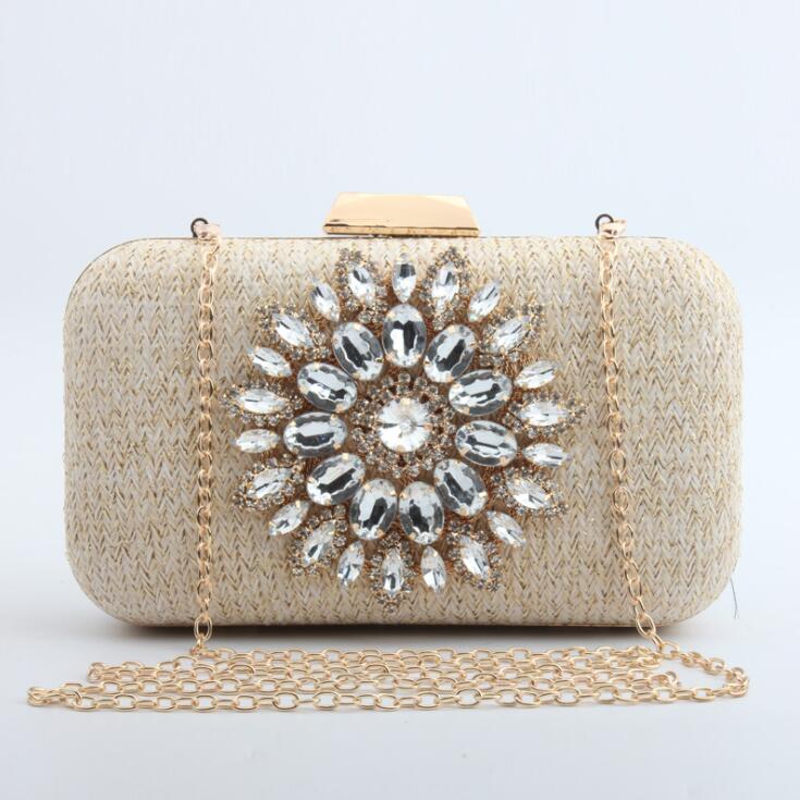 

Factory wholesale women bag elegant atmosphere sunflower straw clutch dinner bags oversized diamond chains handbag summer Joker Knitting handbags, Black(boutique box)