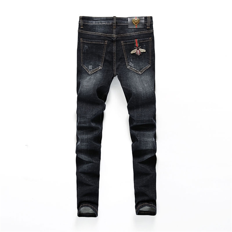 

High-end Men's denim jeans feet pants slim fit autumn casual stretch all-match embroidery little bee teenagers pencil 211110, Blue