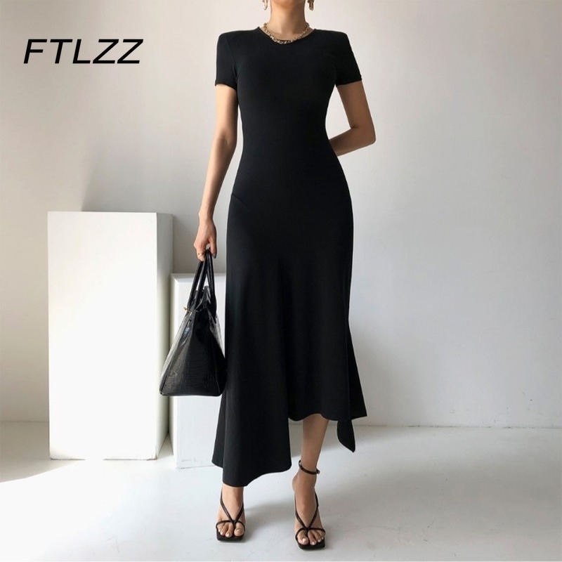

Women Streetwear Irregular Hem Black Dress Summer Short Sleeve High Waist Elegant Dresses Woman Korean Long Robe Vestidos Mujer 210602, Gray