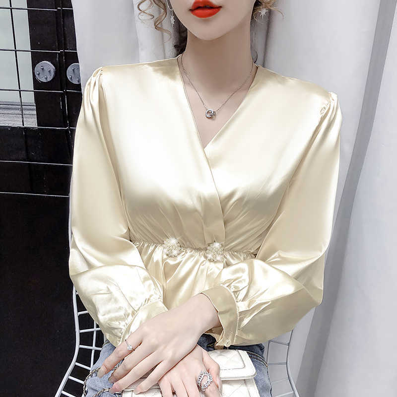 

Korean Silk Blouse Women V-neck Satin Blouses for Long Sleeve Shirt Beading Waist Tops Plus Size 210604, White
