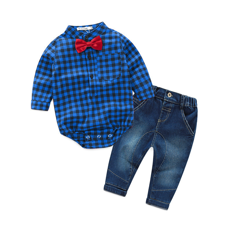 

Baby Boys Clothing Set Plaid Rompers With Bowtie + Demin Pants Fashion Baby Boy Clothes Newborn Baby Clothes, Red