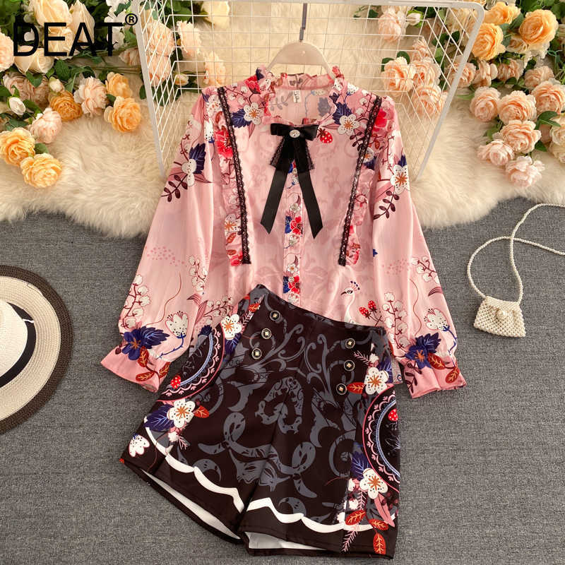 

DEAT Women Printing Shorts Arrivals Round-neck Lace Bow Ruffles Two Piece Set Fashion Spring Summer 11D55 210709, Pink