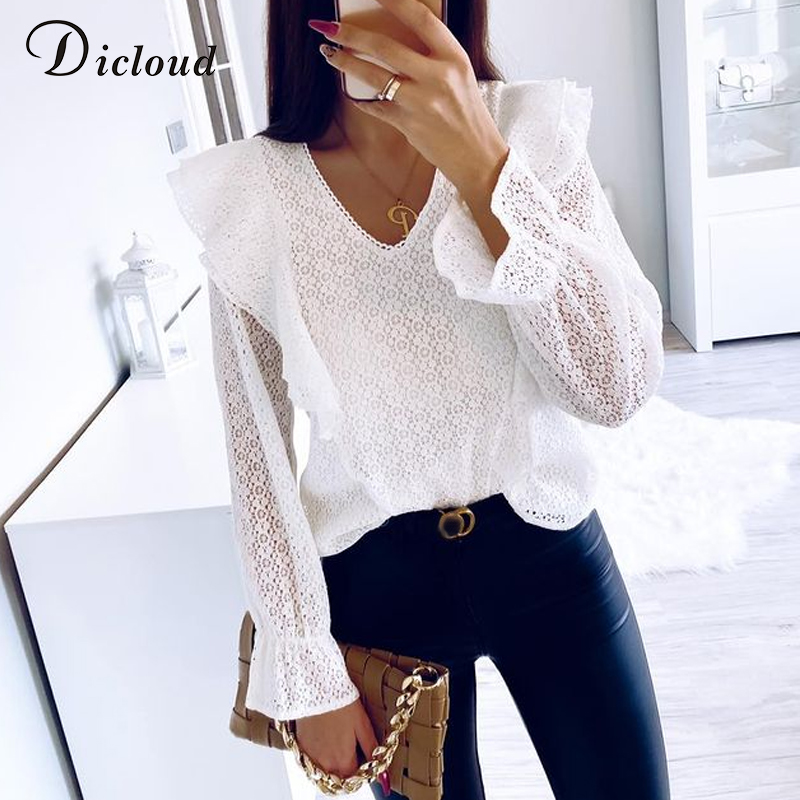 

DICLOUD Sexy Lace Shirt Women Spring 2021 Hollow Out Black White Long Sleeve Blouses Female Tops Elegant Ruffle Clothing Ladies