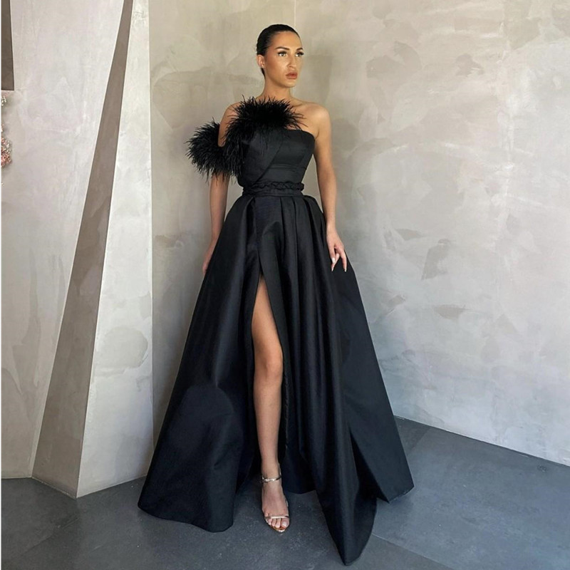 

Elegant White Satin Prom Dresses Long Red Black Evening Gowns With Pockets Feather High Side Split Formal Dress Party Wear, Dark green