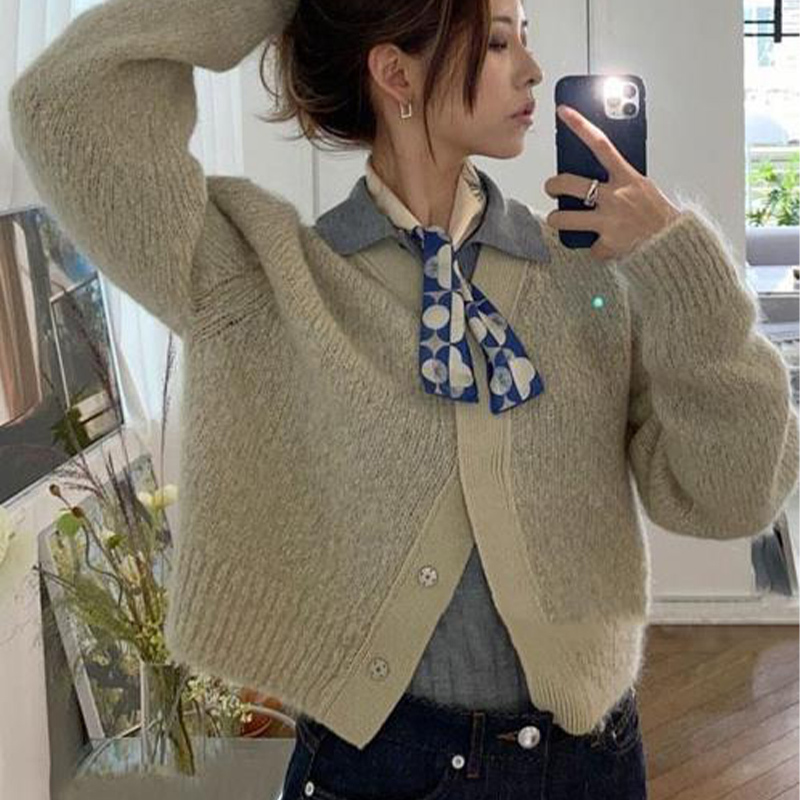

korean fashion cropped cardigan spring women olive girl short knit sweater sale 210520, Green