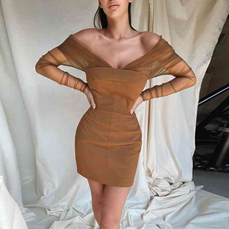 

spring women's dress one shoulder sexy low cut fashion temperament slim dress woman dress 210602, Deep khaki