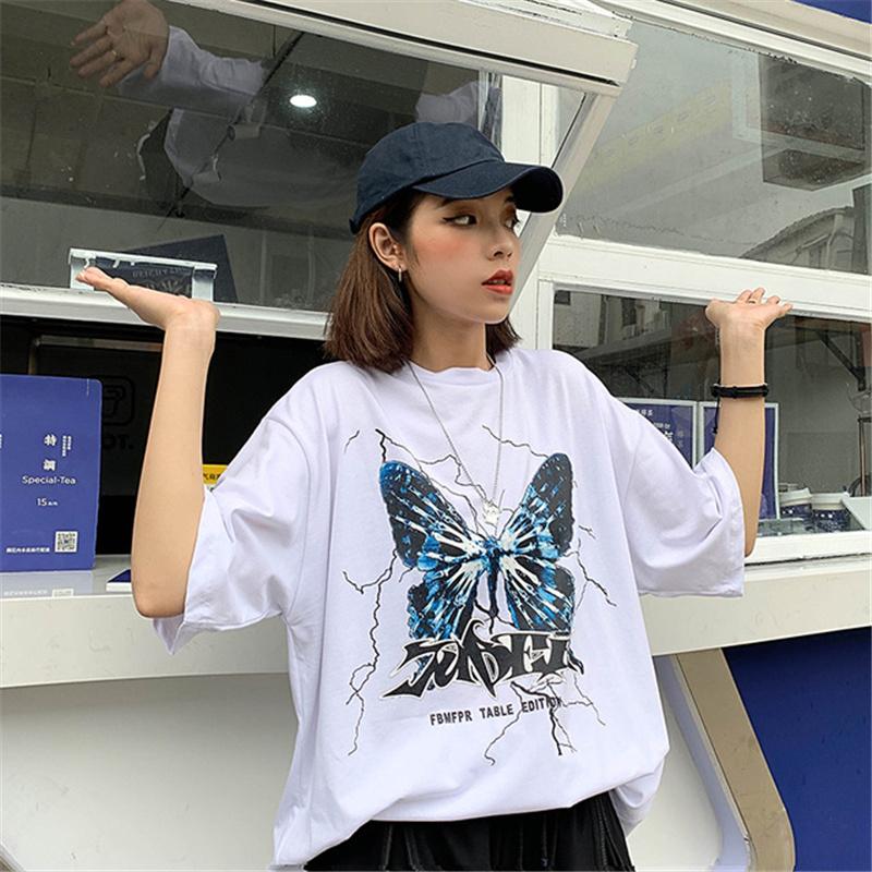 

Summer girl Harajuku cute t shirt butterfly top aesthetics retro snake Korean version oversized tee, White