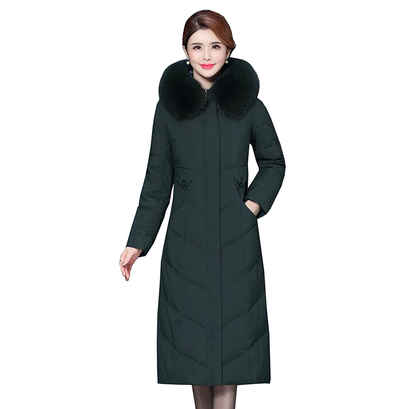 

down Winter Women Jacket Middle-aged Real fox fur collar Hooded Long White Duck Down Parka Thick Warm Coat Plus Size 6XL, Black