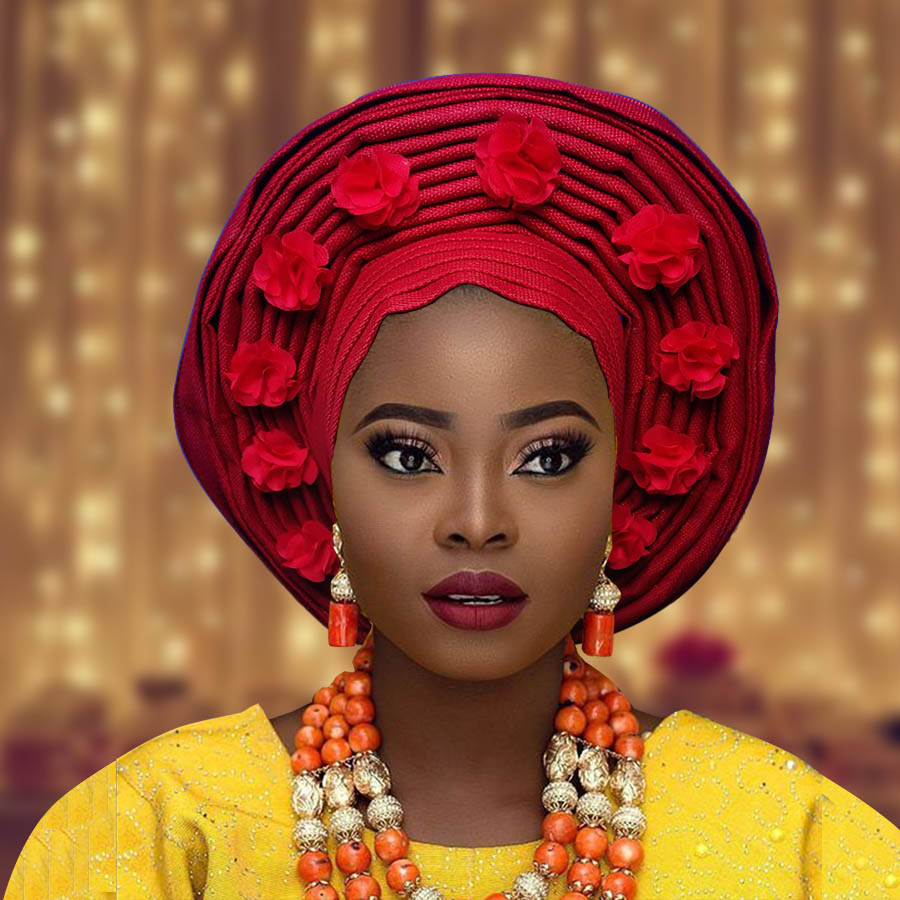 

African aso oke headtie auto asoebi gele headwear flower decorate african turban headwraps