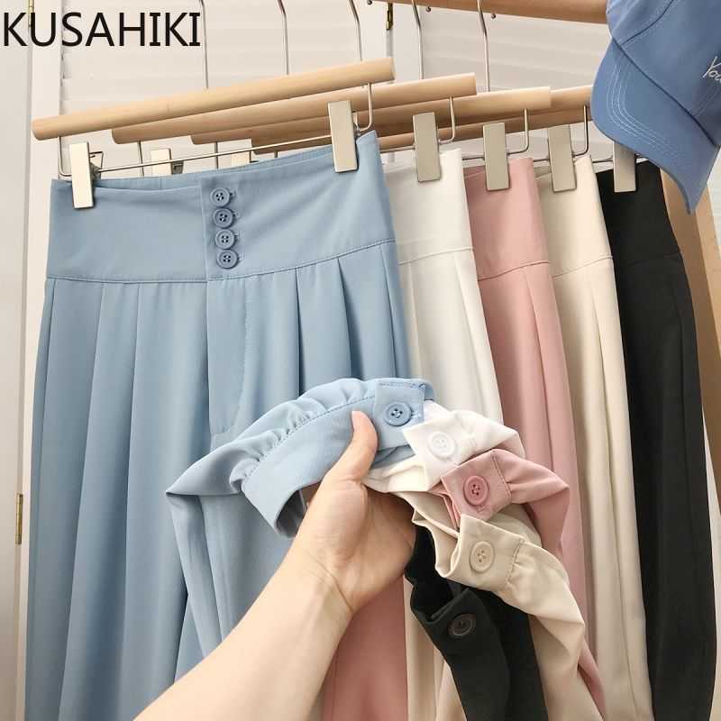 

KUSAHIKI Korean Causal Suit Pants High Waist Solid Ankle-length Trousers Spring Summer Harem Pants Mujer Pantalones 6G973 210602, Black