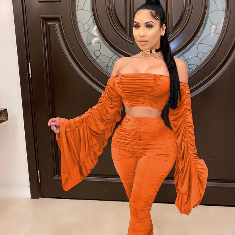 

two piece set festival women tracksuits clothing ruched flare sleeve crop and stacked pants leggings birthday night club, Gray