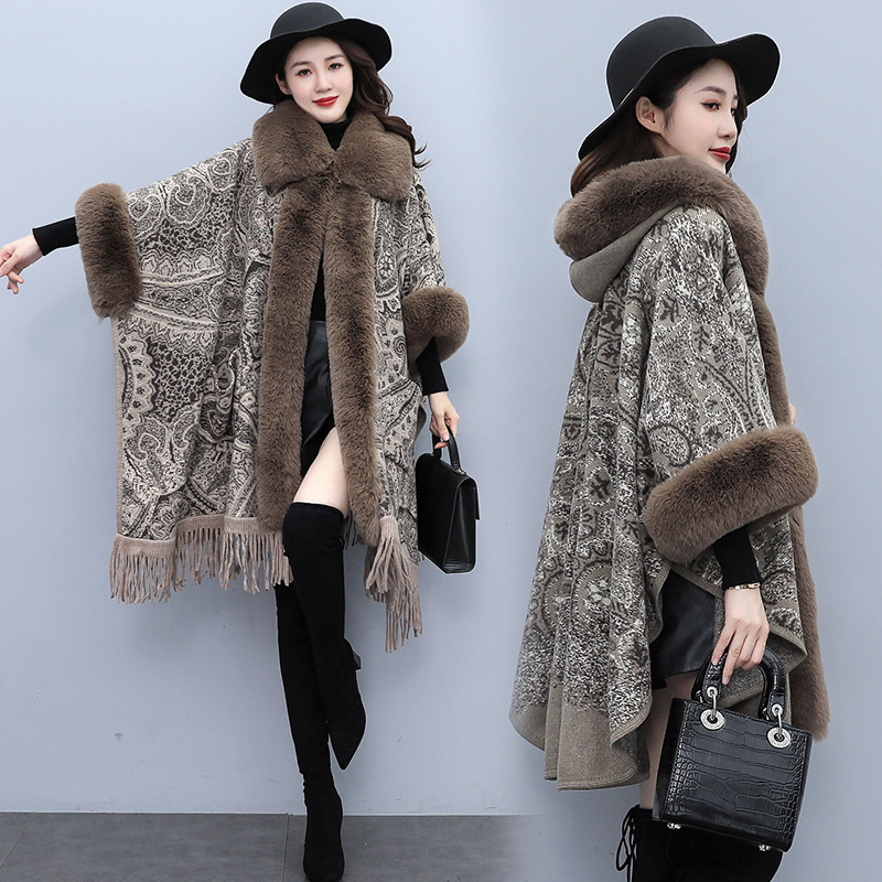 

Womens Cape Luxury Cloak Overcoat Fashion Trend Women Autumn And Winter Cloaks Fox Fur Collar Pure Cashmere Bat Sleeve outerwear, Brown