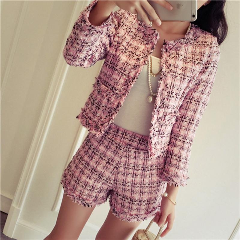 

Women' Two Piece Pants 2021 Autumn Winter Tweed 2 Set Women Slim Plaid Short Fashion Fringed Trim Jacket Coat + Tassels Suit, White