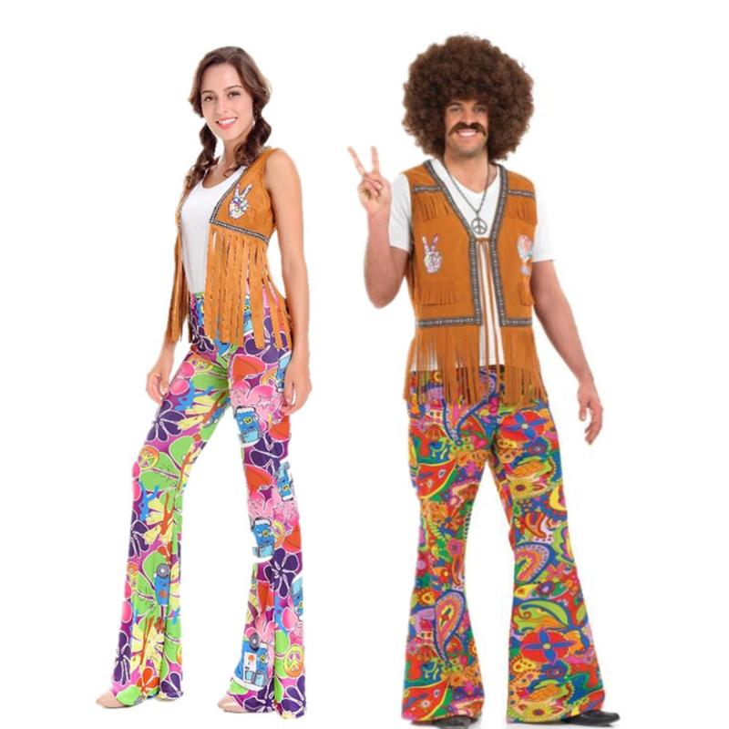 

Sexy Costumes Mens Womens Peace & Love Fringe Hippie Costume 60s 70s Wild Flower Dress, Black