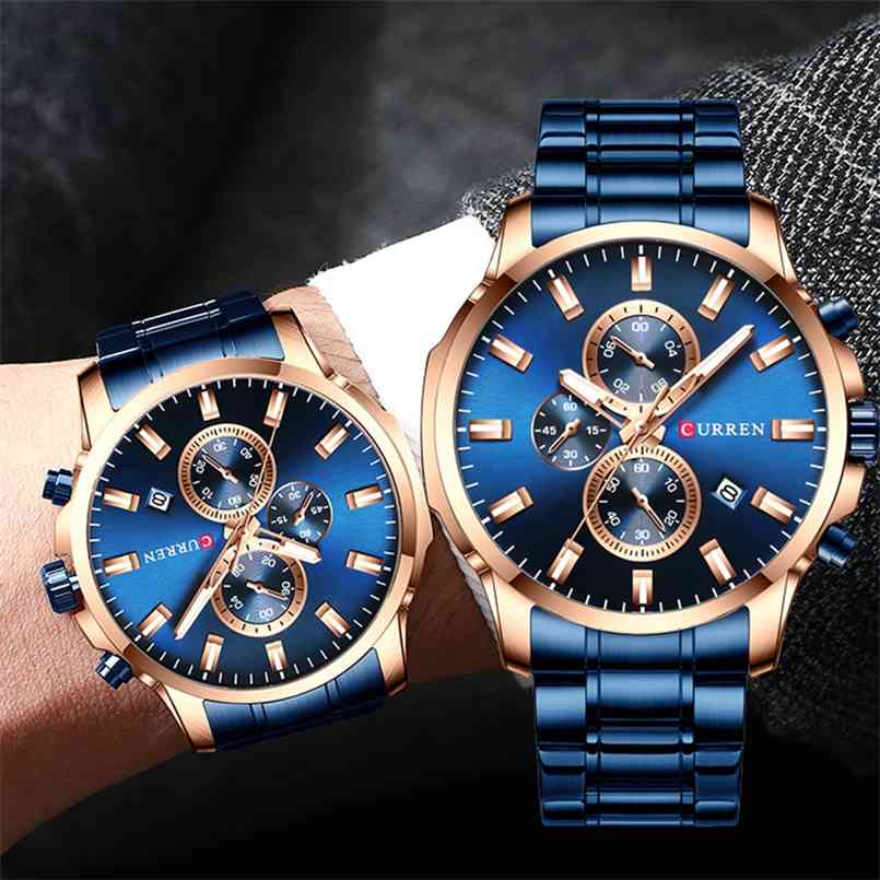 

CURREN Top Watch Men Brand Luxury Quartz Fashion Men's es Waterproof Sports Wrist Steel Chronograph Relogio Masculino 210707, Silver-black