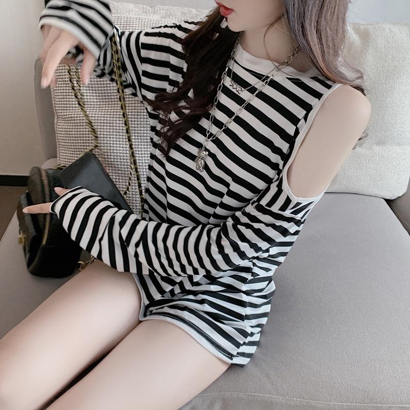 

Basic Striped T-shirt Women Casual Cotton Stretchy Long Sleeve Spring Autumn Tops Tee Women's, Black