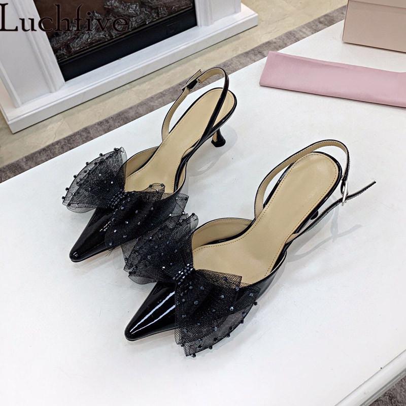 

Dress Shoes Women Summer Sandals Wedding Party Black White Lace Bow Kitten Heel Style Pointy Toe Gladiator Feminine