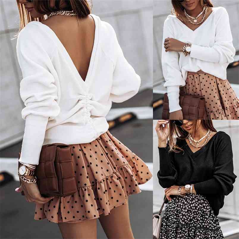 

Autumn Top Features Loose Sexy V-neck Halter Ruffled Solid Color Long Sleeve Pleated Back Blouse  White Black Blusas 210517