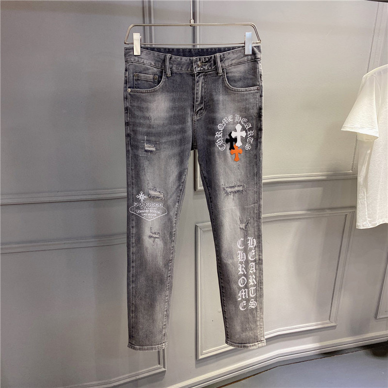 

hole 2021 crosin wash smoky grey slim jeans men's fashion cross Sanskrit pants ZH6W, Black