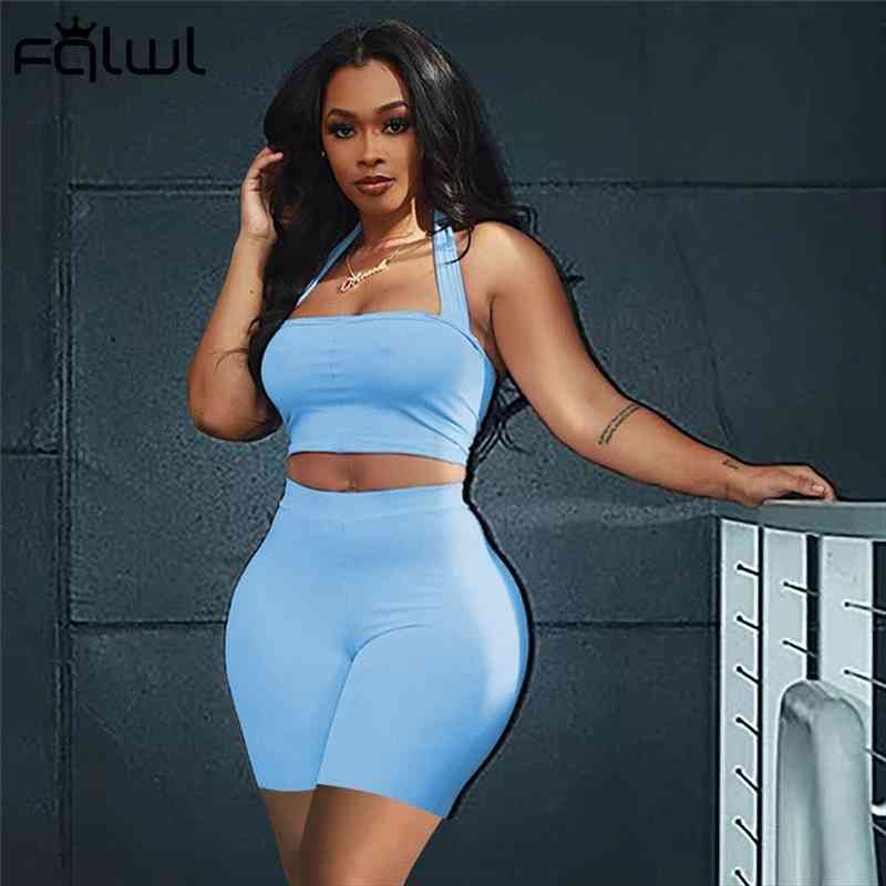 

Summer Streetwear Bodycon 2 Two Piece Sets Women Outfits Backless Halter Crop Top Pink Biker Shorts Sets Casual Tracksuit, Gray