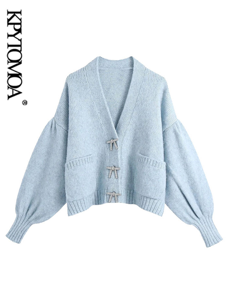 

KPYTOMOA Women Fashion Rhinestone Buttons Loose Knitted Cardigan Sweater Vintage Long Sleeve Poets Female Outerwear Chic Tops, Default color