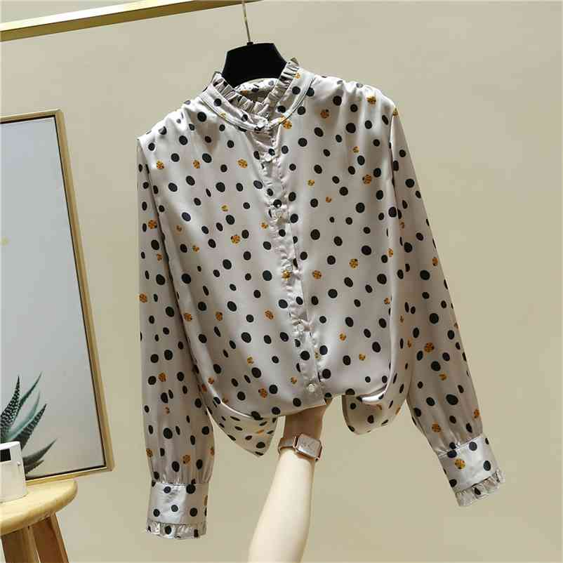 

Autumn Fashion Women' Ruffles Long Sleeves Polka Dot Silk Shirts Female Girls Ladies Shirt Blouse Tops A4048 210519, Beige