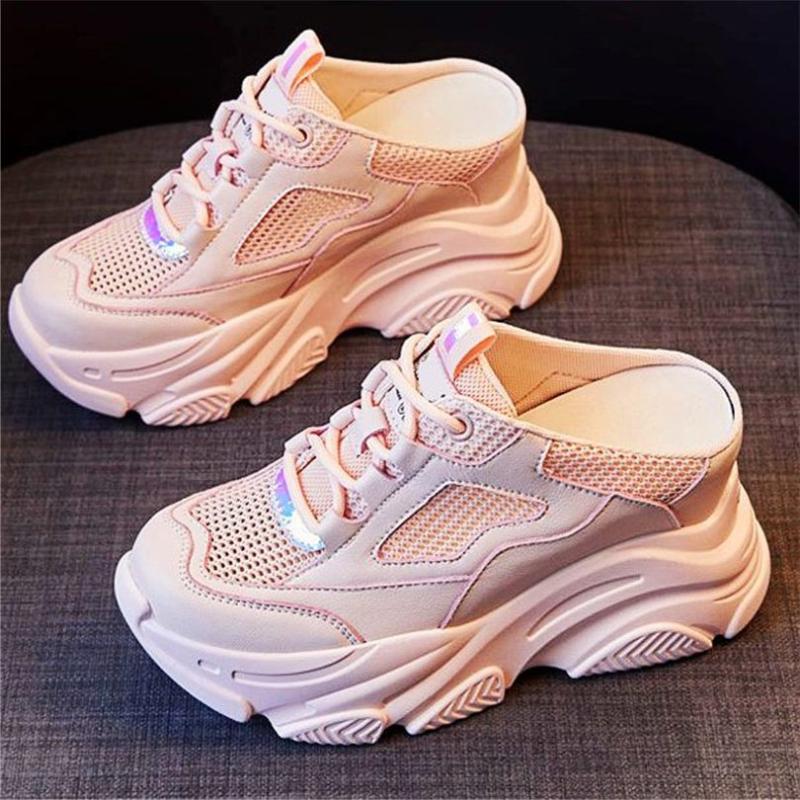 

Sandals Summer Fashion Sneakers Women Mules Increasing Height Leather Sport Platform High Heel Female Party Casual Shoes, Black