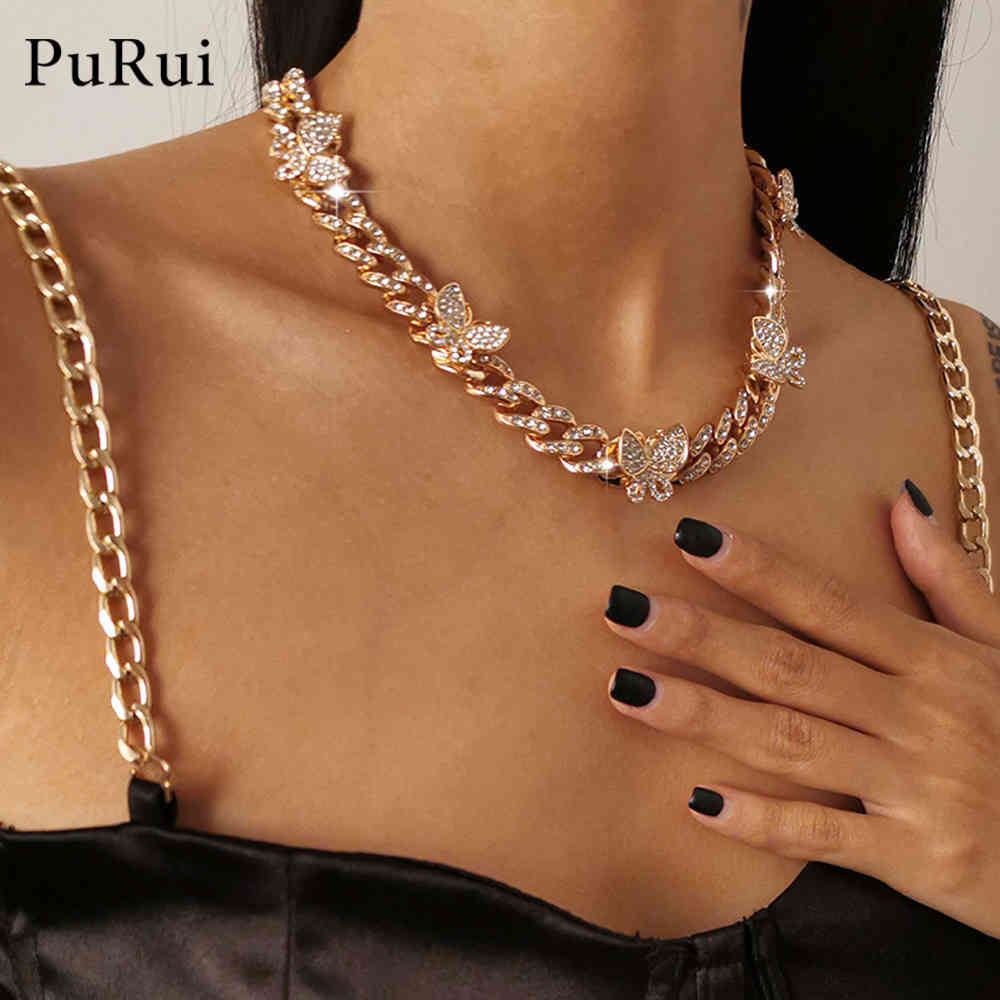 

Punk Iced Out Buttefly Neckalce 1PC Full Miami Curb Butterfly Cuban Chain Bling Rapper Necklace Bracelet for Women Jewelry