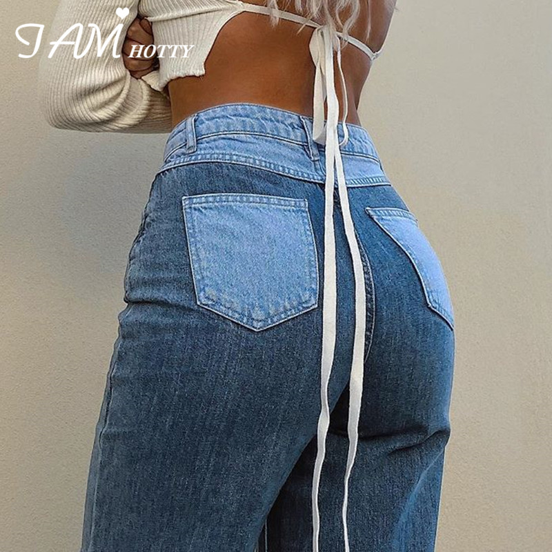 

2021patchwork straight womens jeans baggy vintage high waist boyfriends mom y2k denim distressed streetwear 2021 female iamy, Blue