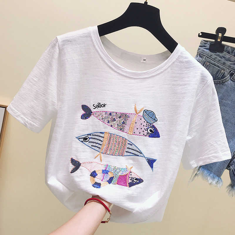 

Summer wear the summer small embroidery white cotton female cec super big yards loose T-shirt fire with short sleeves 210604, Purple