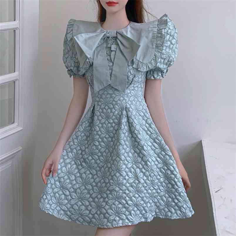 

Arrival Summer Sweet Bowknot Big Lapel Jacquard Mini Dress Vintage Slim A-Line Party Vestido 210519, Photo color