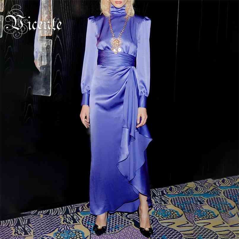 

Chic Purple Satin Maxi Long Dress Ruffles Design Sleeves Celebrity Party Club Vestido 210520